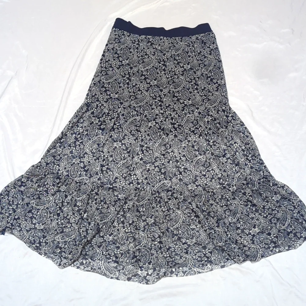 Lavish Navy & White Paisley Boho Semi-Sheer High Waist Pull On Maxi Skirt